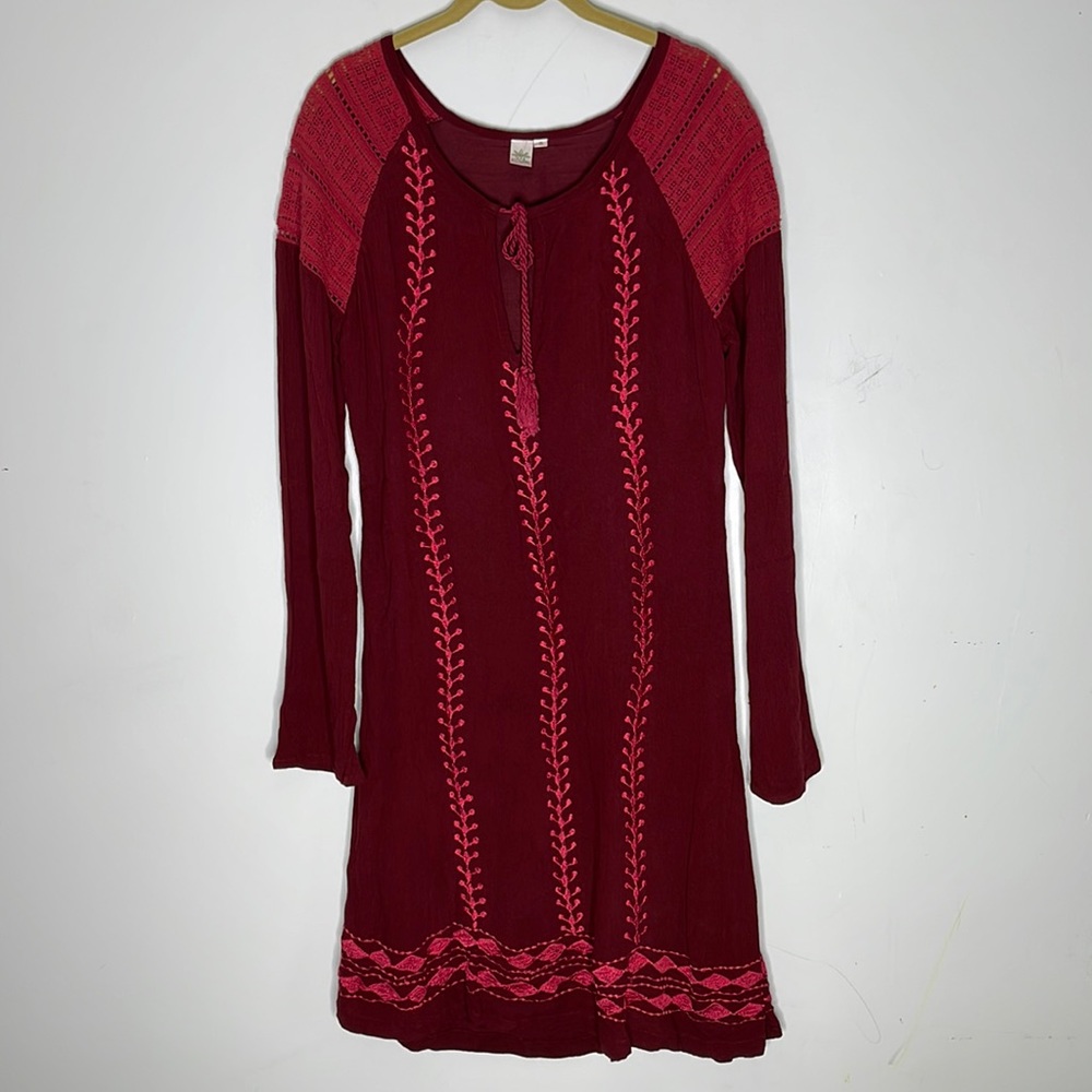 SOUL FLOWER Burgundy Embroidered Long Sleeve Viscose Dress Size Small